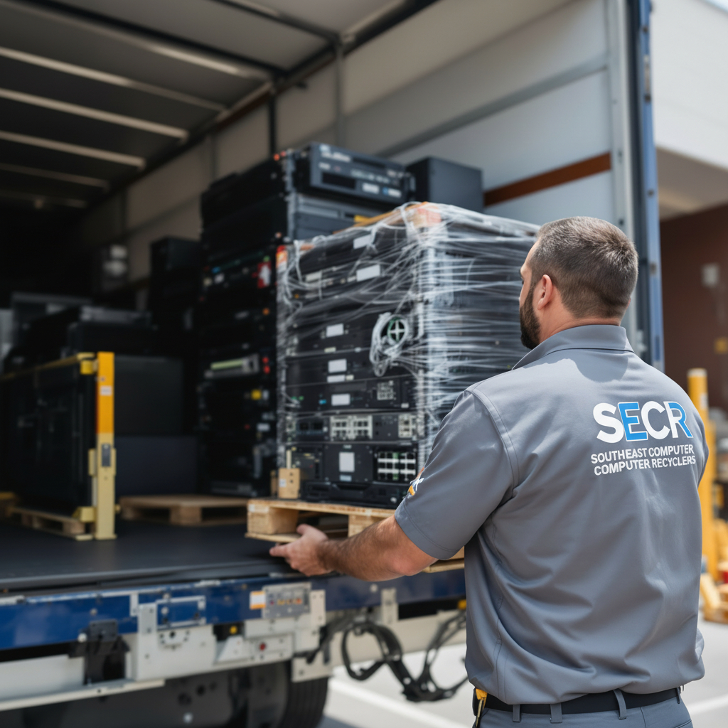 SECR technician moving a shrink-wrapped pallet of retired IT equipment at the Alpharetta ITAD facility